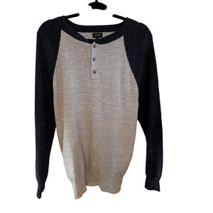 NEW J Crew Mens Henley Ringer Baseball Sweater Gray Blue Woven Knit Medium